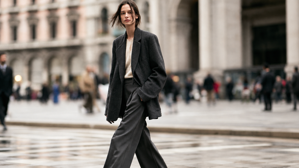 Woman wearing relaxed charcoal tailoring for Fall 2026