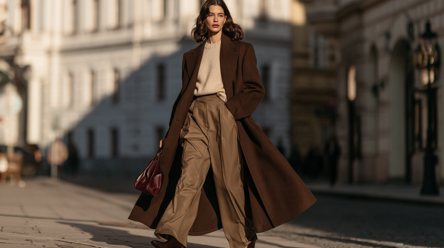 Fall 2026 rich warm neutrals outfit with chocolate brown coat, camel trousers and cream knitwear