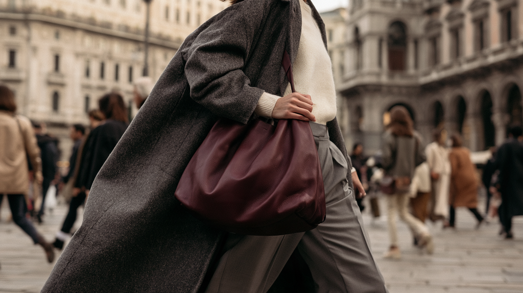 Woman carrying an oversized burgundy statement bag on a Milan street for Fall 2026